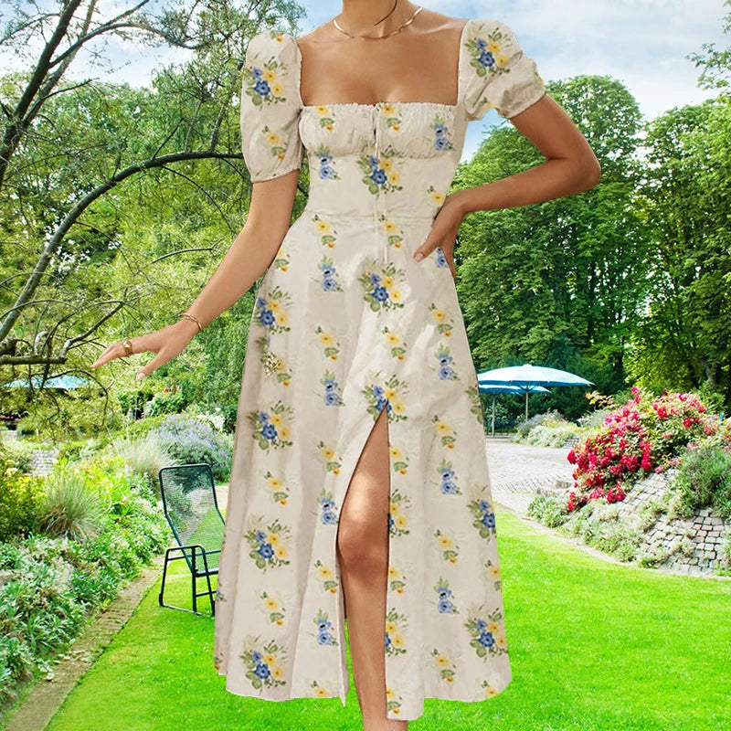 Novo vestido com estampa floral fresca, corte ajustado, com fenda e alça, estilo europeu e americano