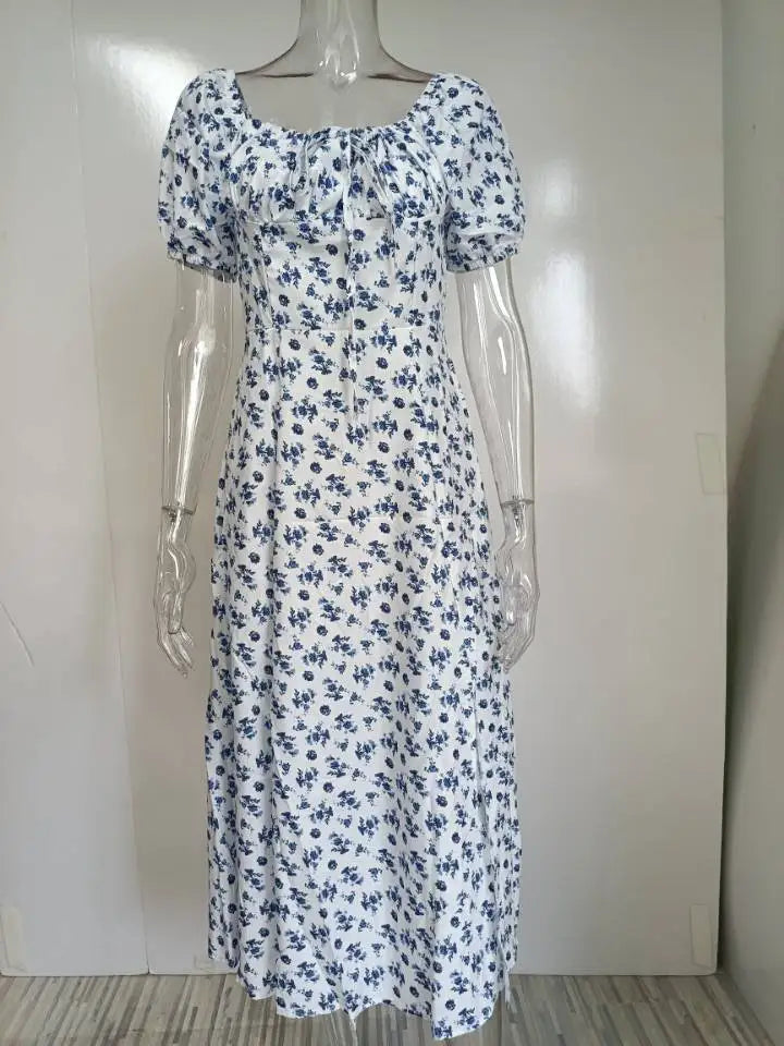 Novo vestido com estampa floral fresca, corte ajustado, com fenda e alça, estilo europeu e americano